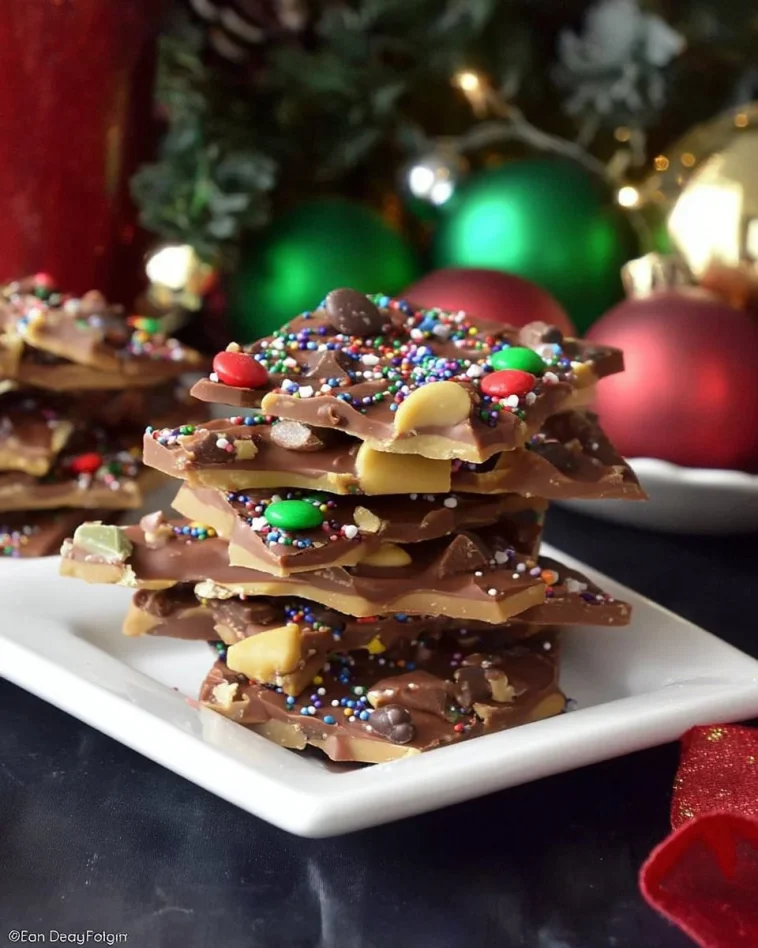 Delicious homemade Christmas Toffee candy on a festive plate
