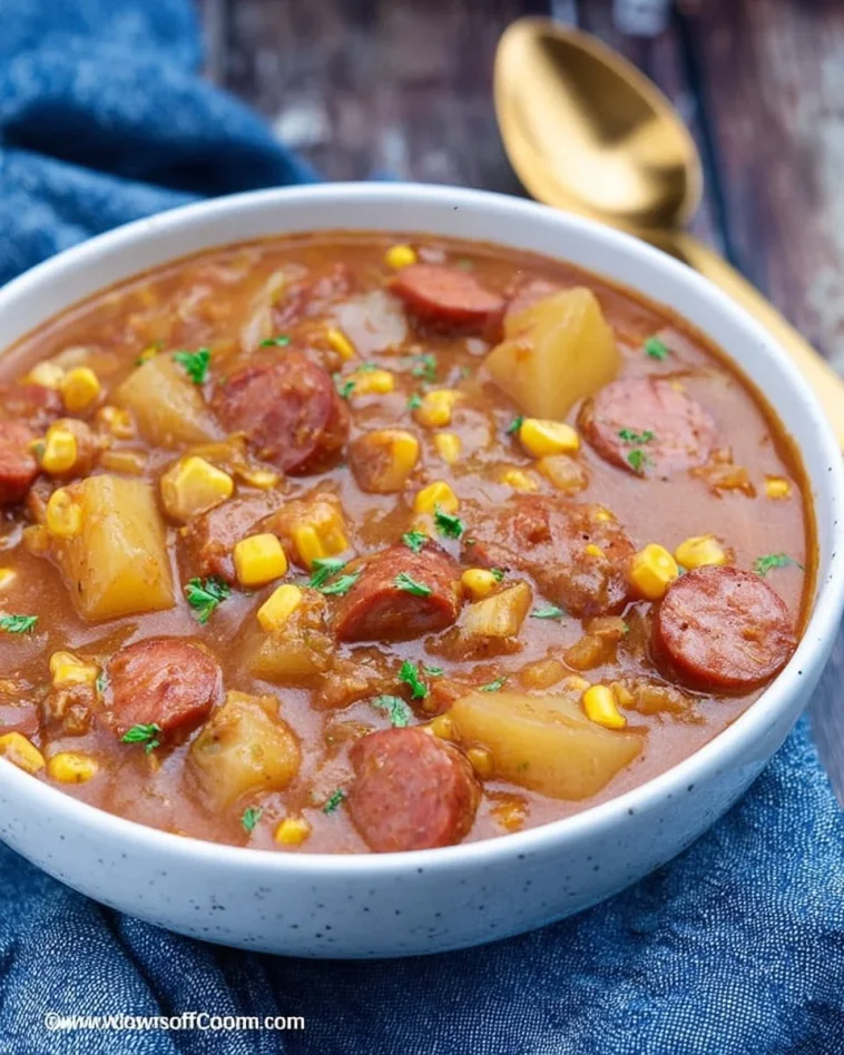A bowl of hearty Cowboy Stew filled with meat and vegetables.