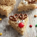 Festively decorated Reindeer Rice Krispie Treats on a platter