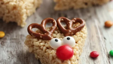 Festively decorated Reindeer Rice Krispie Treats on a platter