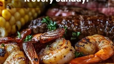 Sizzling Cajun shrimp and steak with bold, zesty flavors on a rustic platter.