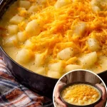 Bowl of creamy Cheddar Potato Soup garnished with melted cheddar and herbs.