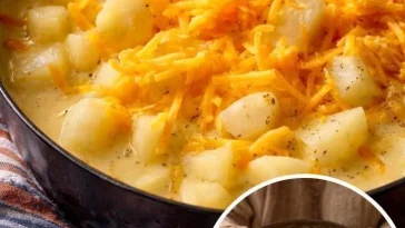 Bowl of creamy Cheddar Potato Soup garnished with melted cheddar and herbs.