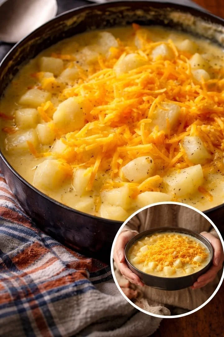 Bowl of creamy Cheddar Potato Soup garnished with melted cheddar and herbs.