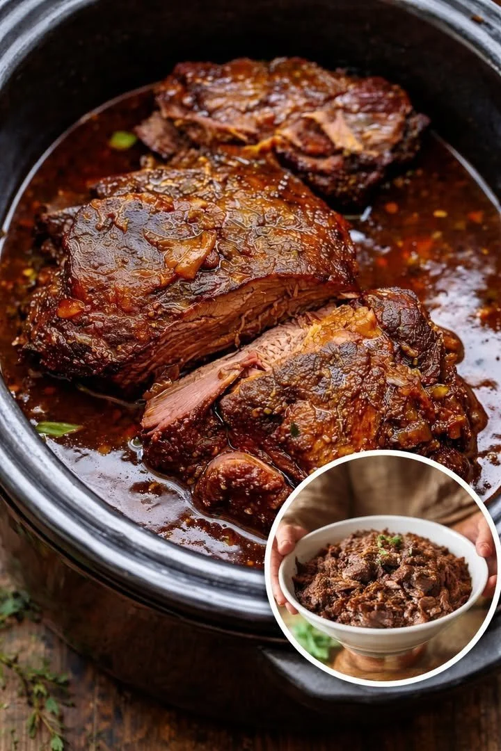 Mom's Sunday Roast with rich gravy and tender, juicy meat.