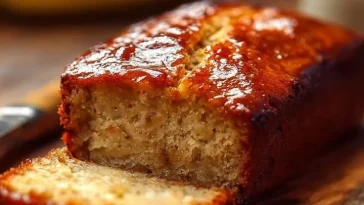 Freshly baked banana bread with a golden crust on a rustic table