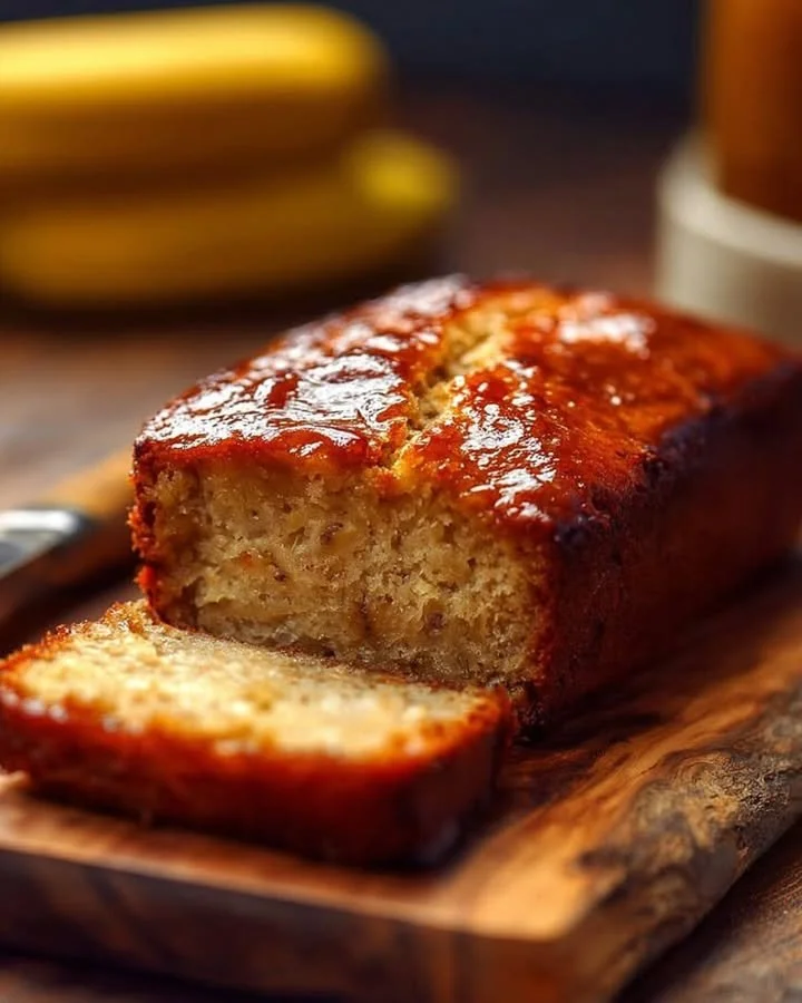 Freshly baked banana bread with a golden crust on a rustic table