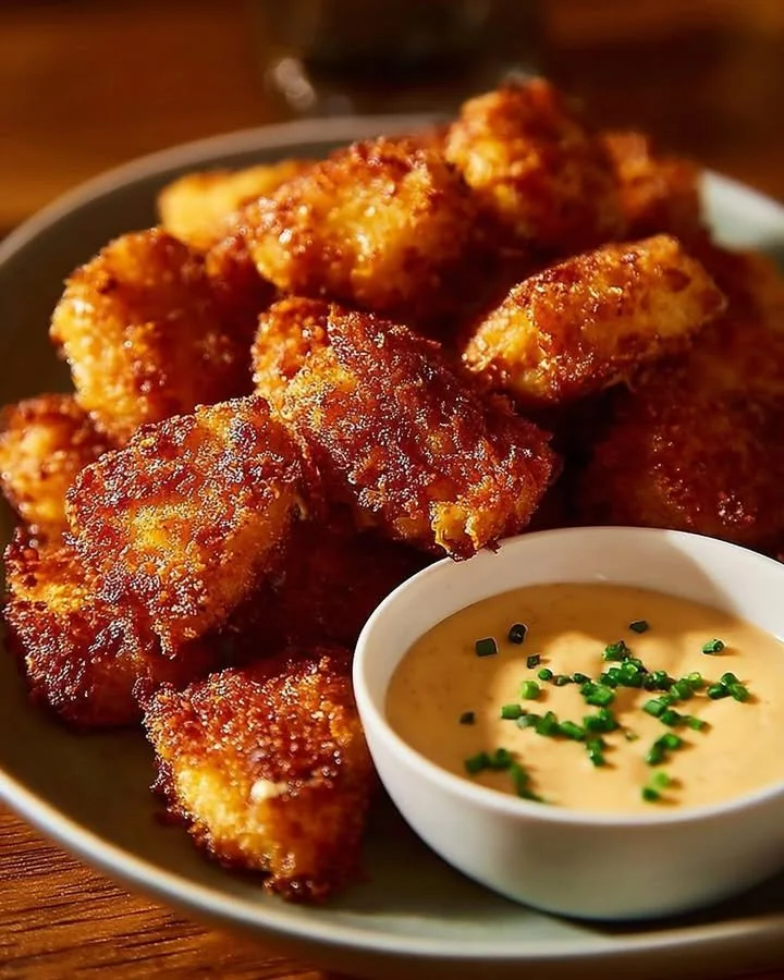 Crispy chicken nuggets with a tangy honey mustard dip