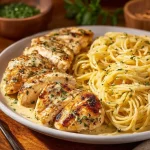 A bowl of Garlic Parmesan Cheddar Chicken Linguine with rich, cheesy flavor.
