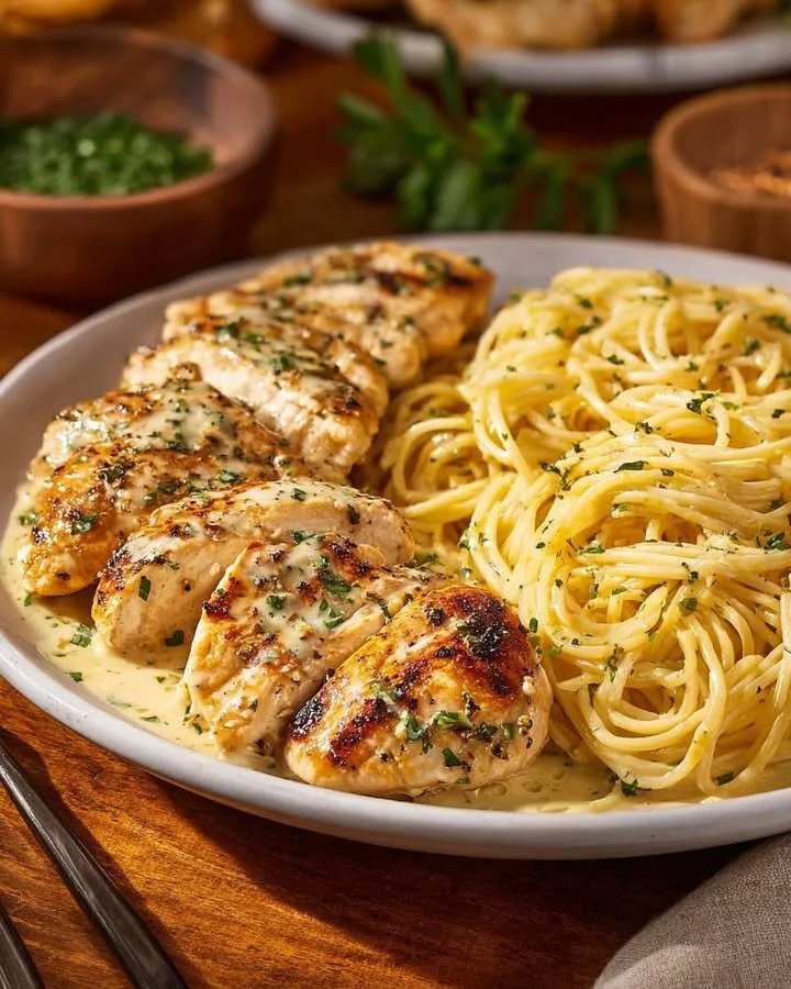 A bowl of Garlic Parmesan Cheddar Chicken Linguine with rich, cheesy flavor.