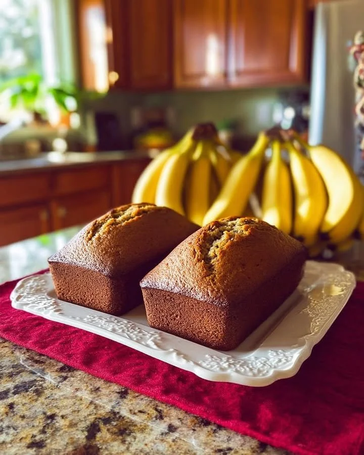Warm, freshly baked banana bread with a golden, inviting crust.