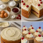 Slice of Almond Sponge Cake topped with Strawberry Jam on a white plate