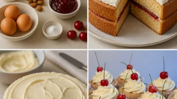 Slice of Almond Sponge Cake topped with Strawberry Jam on a white plate