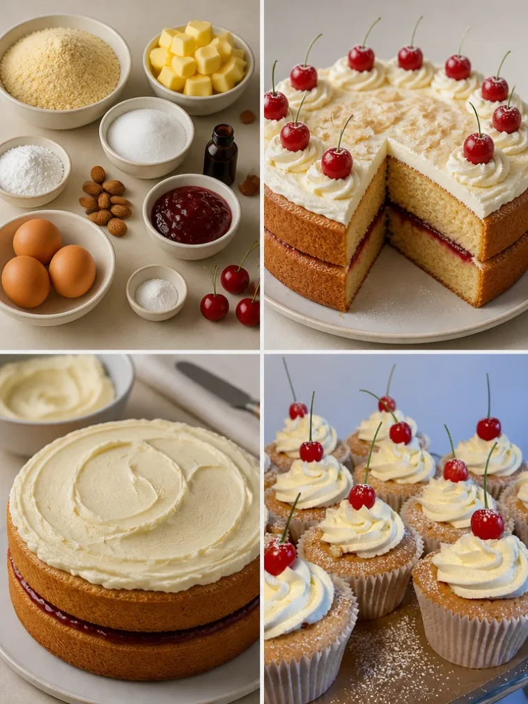 Slice of Almond Sponge Cake topped with Strawberry Jam on a white plate
