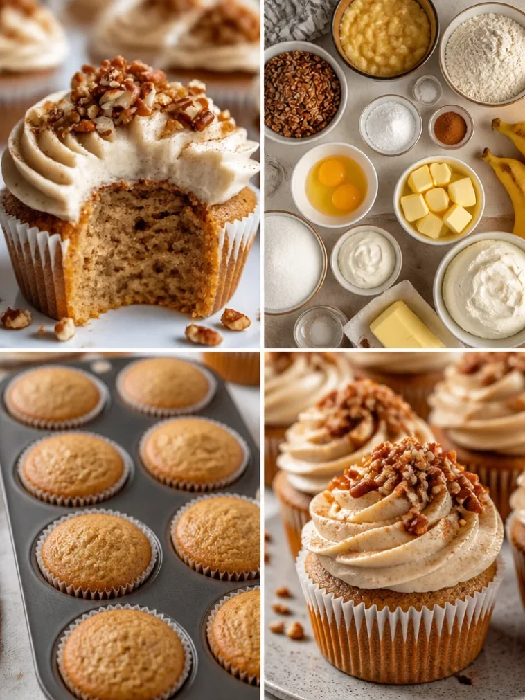 Delicious Banana Cinnamon Pecan Cupcakes on a decorative plate