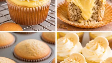 Banana pudding cupcakes topped with whipped cream and banana slices