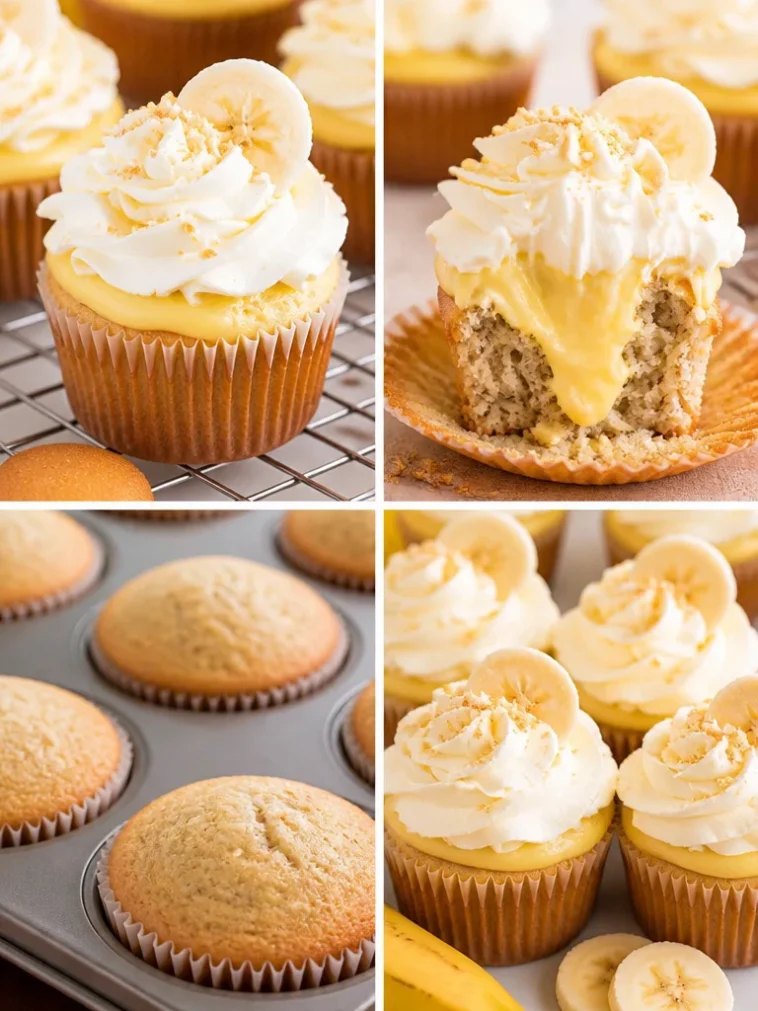 Banana pudding cupcakes topped with whipped cream and banana slices