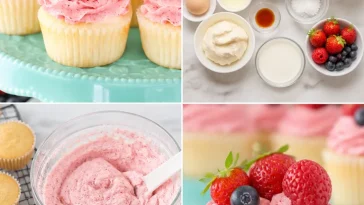 Delicious berries and cream cupcakes topped with fresh berries