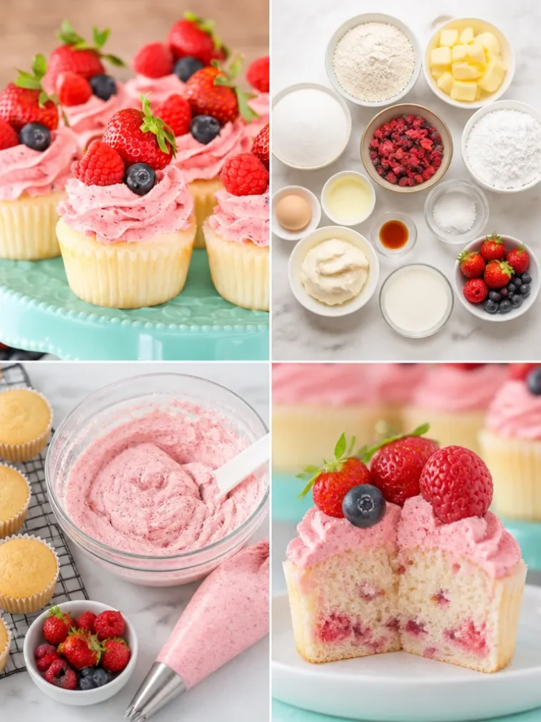 Delicious berries and cream cupcakes topped with fresh berries