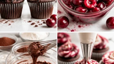 Decadent Black Forest Cupcakes topped with cherries and whipped cream