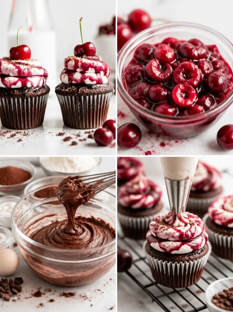 Decadent Black Forest Cupcakes topped with cherries and whipped cream