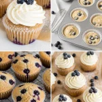 Blueberry French Toast Cupcakes topped with maple syrup and fresh blueberries