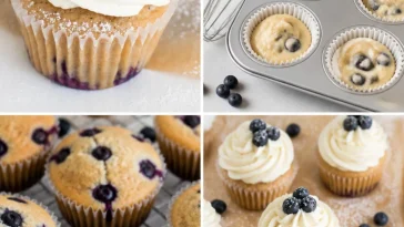 Blueberry French Toast Cupcakes topped with maple syrup and fresh blueberries