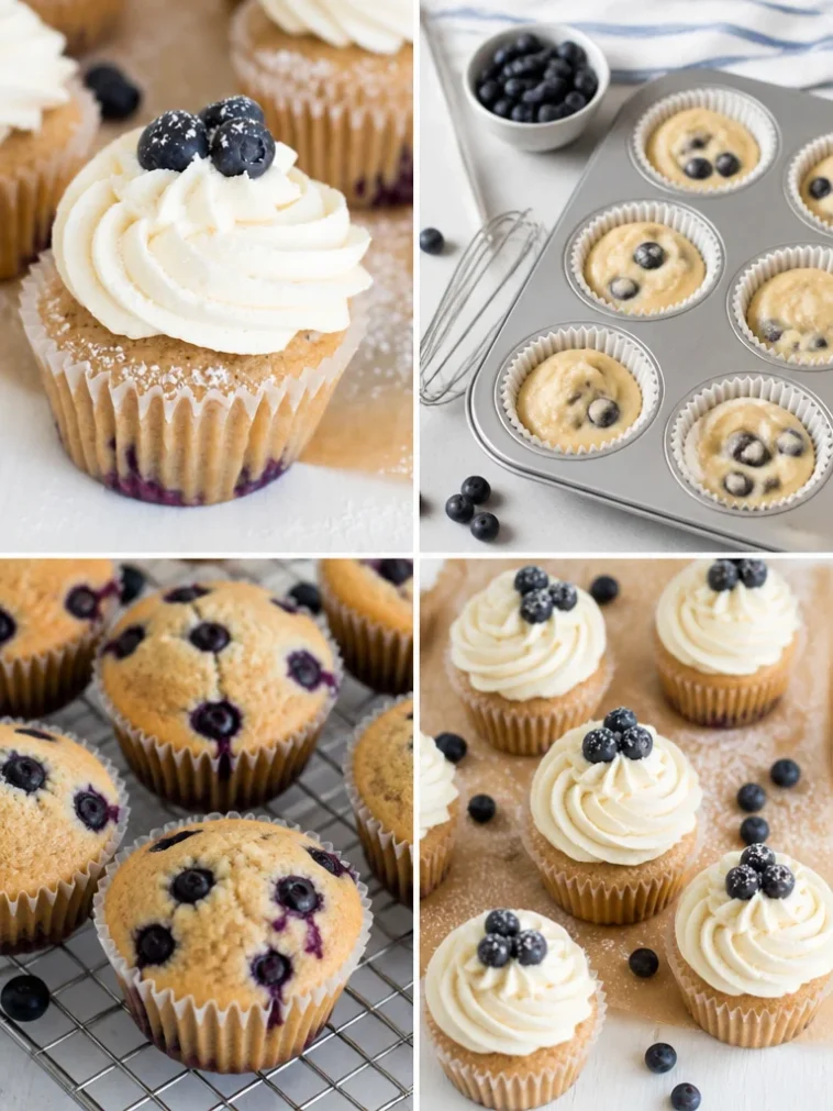 Blueberry French Toast Cupcakes topped with maple syrup and fresh blueberries