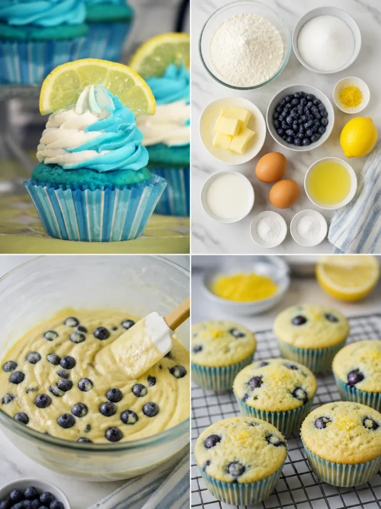 Blueberry lemonade cupcakes with frosting and fresh blueberries on top