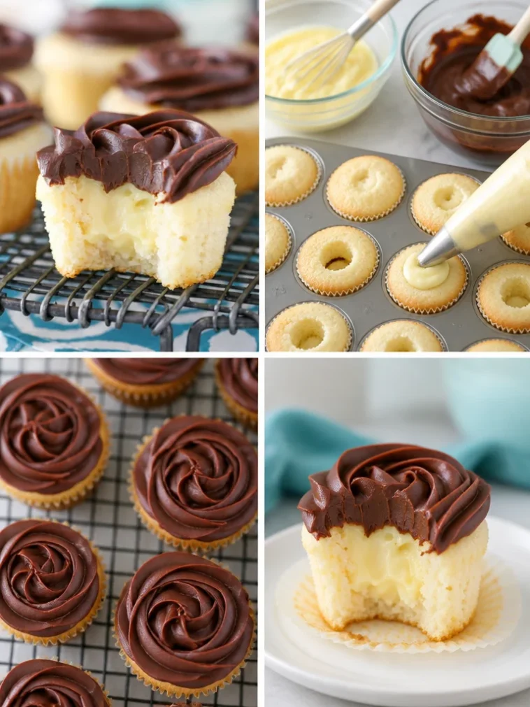 Boston Cream Pie cupcakes with chocolate frosting and creamy filling