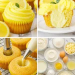 Cheesecake stuffed lemon cupcakes with lemon frosting on a plate
