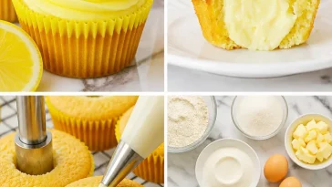 Cheesecake stuffed lemon cupcakes with lemon frosting on a plate