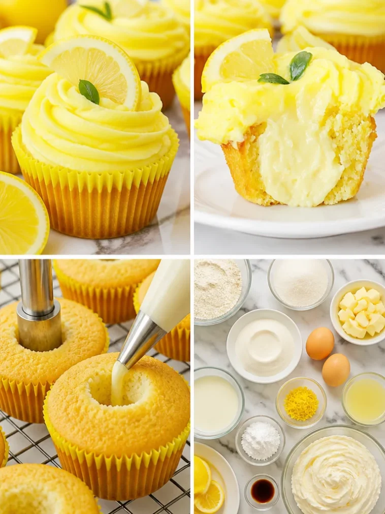 Cheesecake stuffed lemon cupcakes with lemon frosting on a plate