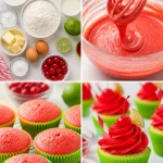 Delicious Cherry Limeade Cupcakes topped with vibrant cherry lime frosting.