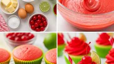 Delicious Cherry Limeade Cupcakes topped with vibrant cherry lime frosting.