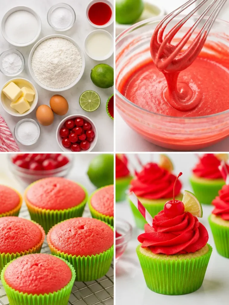 Delicious Cherry Limeade Cupcakes topped with vibrant cherry lime frosting.
