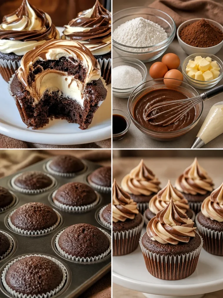 Delicious chocolate coffee cream cupcakes topped with creamy frosting