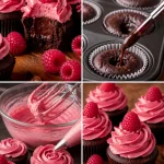Delicious Chocolate Raspberry Cupcakes topped with fresh raspberries and chocolate frosting.