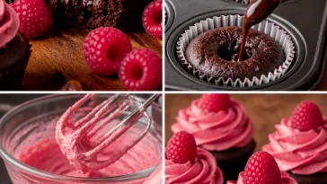 Delicious Chocolate Raspberry Cupcakes topped with fresh raspberries and chocolate frosting.