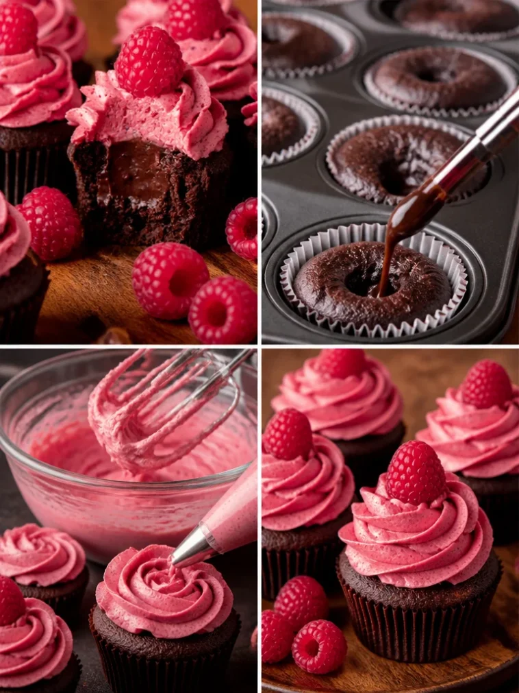 Delicious Chocolate Raspberry Cupcakes topped with fresh raspberries and chocolate frosting.