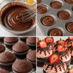 Delicious chocolate strawberry cupcake topped with fresh strawberries and chocolate frosting.