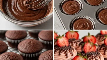 Delicious chocolate strawberry cupcake topped with fresh strawberries and chocolate frosting.