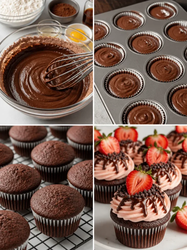 Delicious chocolate strawberry cupcake topped with fresh strawberries and chocolate frosting.