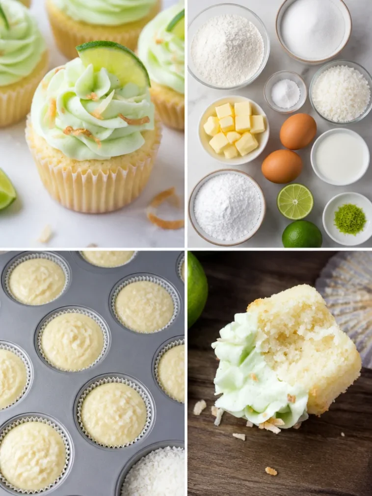 Coconut cupcakes with lime frosting on a decorative platter