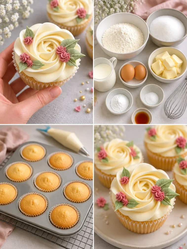 Custom rosette cupcakes decorated with colorful floral designs