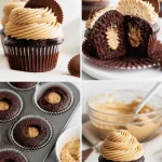 Delicious dark chocolate peanut butter cupcakes topped with creamy frosting