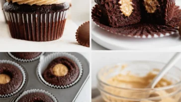 Delicious dark chocolate peanut butter cupcakes topped with creamy frosting