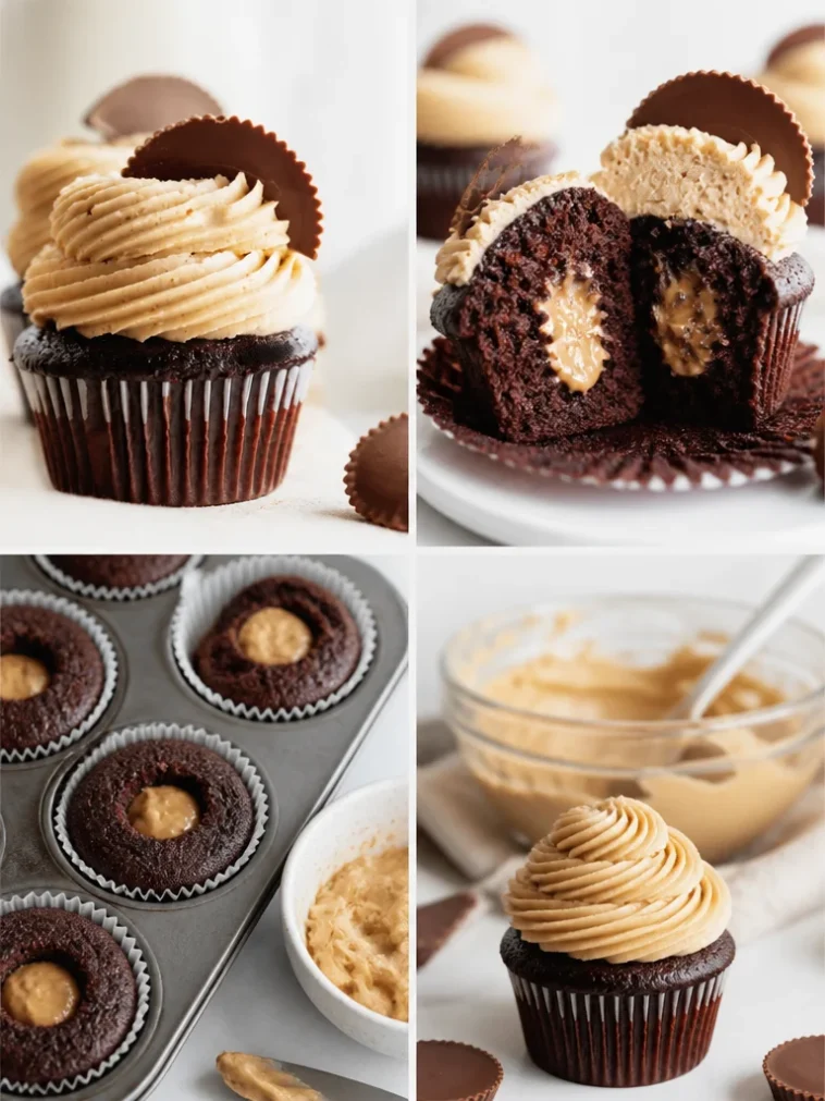 Delicious dark chocolate peanut butter cupcakes topped with creamy frosting