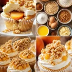 Mother's Day peach cobbler cupcakes topped with fresh peaches and icing