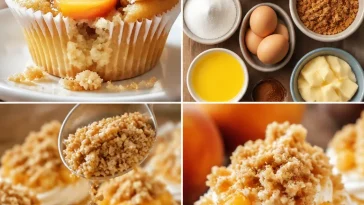 Mother's Day peach cobbler cupcakes topped with fresh peaches and icing